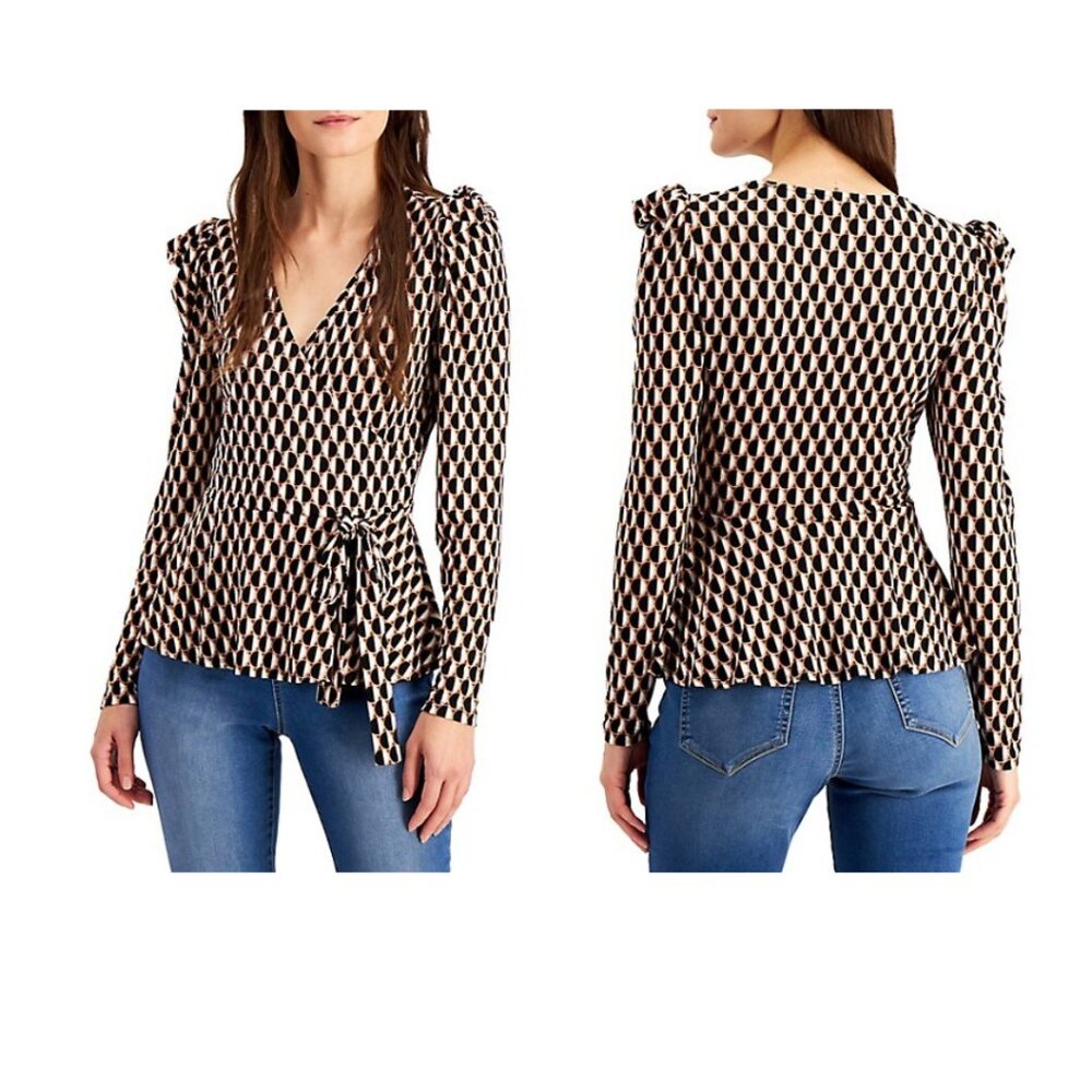 Printed Surplice Puff-Sleeve Tied Top